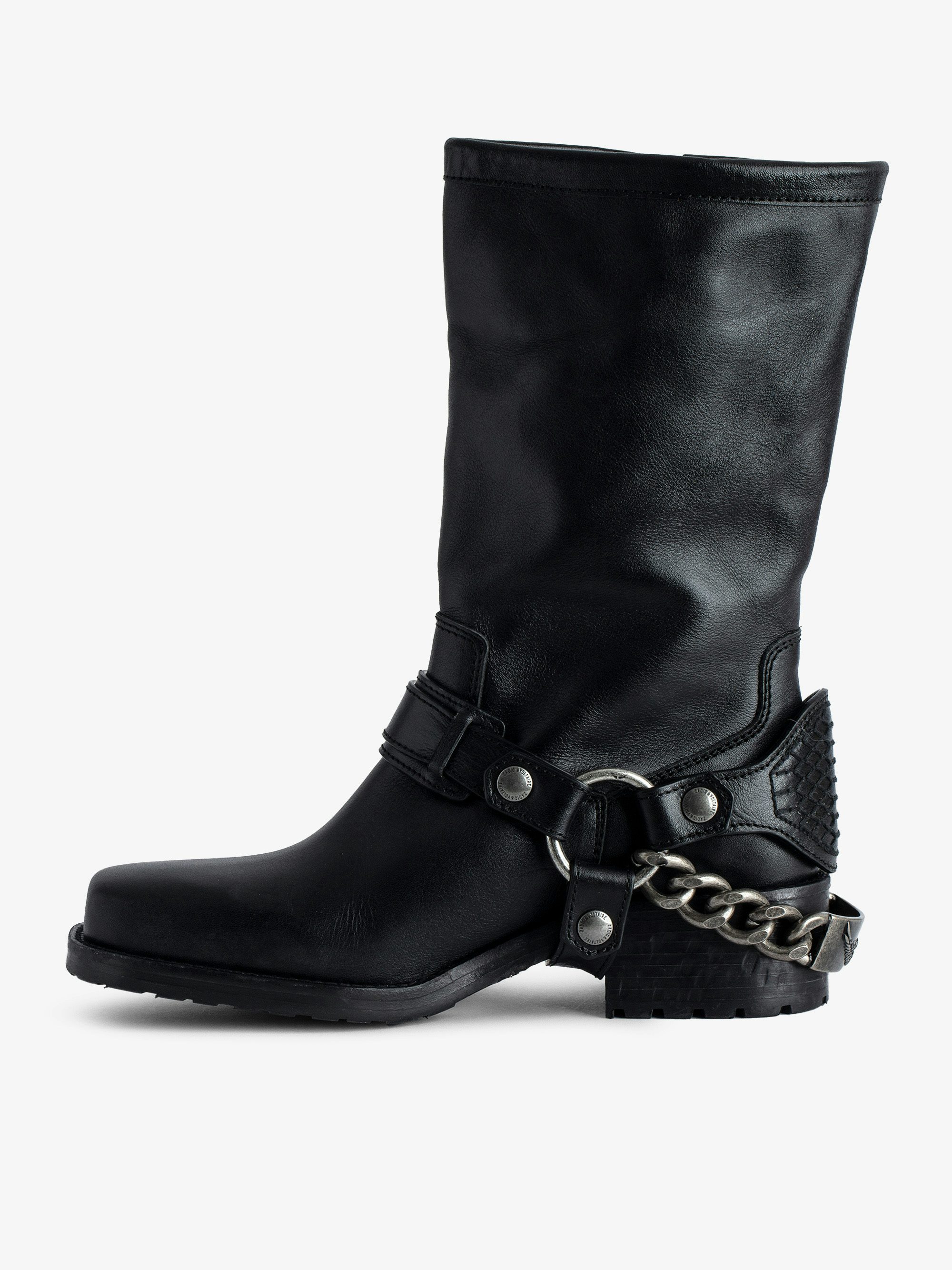 Igata Ankle Boots - Black vegetable-tanned long ankle boots with metal chains.